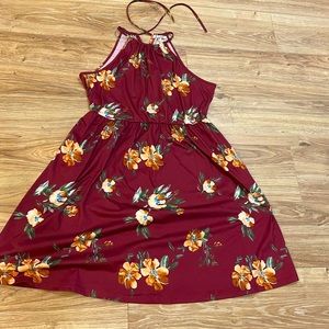 Kiling- Maroon Floral Halter Dress with A-Line Skirt.